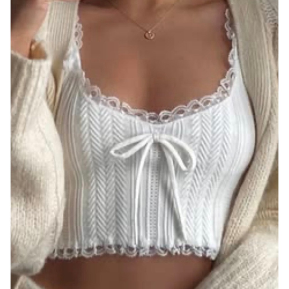 For Love & Lemons Lace Trim White Knit Cami Crop Top Women XL Cottagecore Dainty